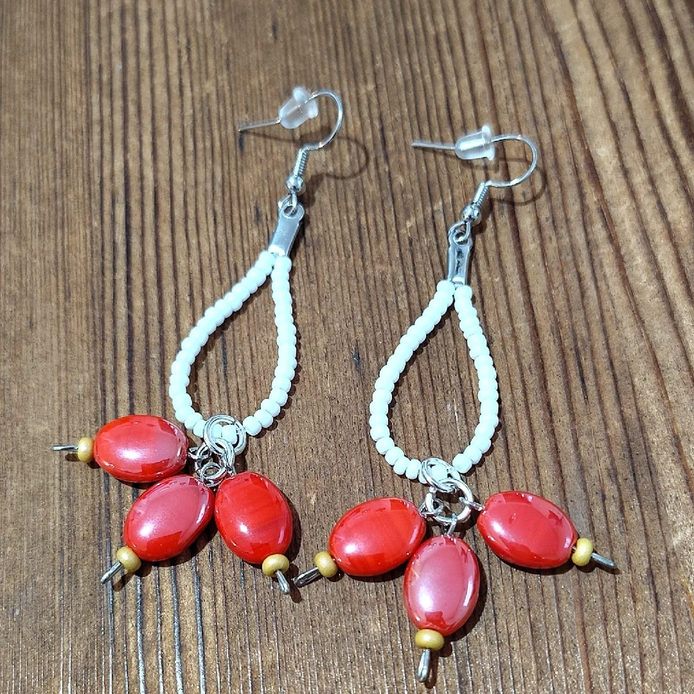*5 For $20*Red and White Beaded Long Dangle Earrings / Handmade Ladies Earrings - Picture 1 of 5